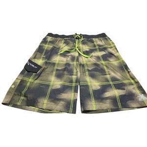 ZeroXposur Men's Black and Green Plaid Swim Shorts